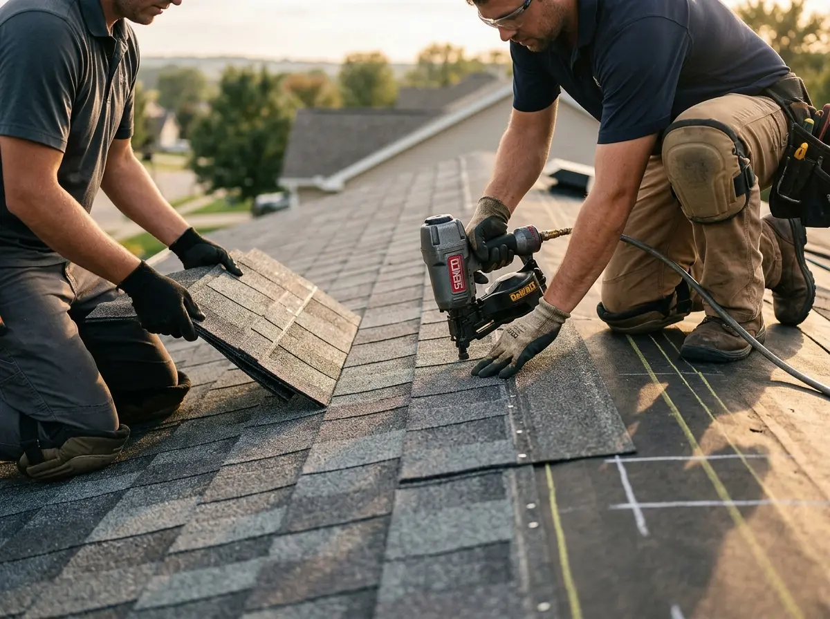 Professional roofer working on a residential roof in City of Orange